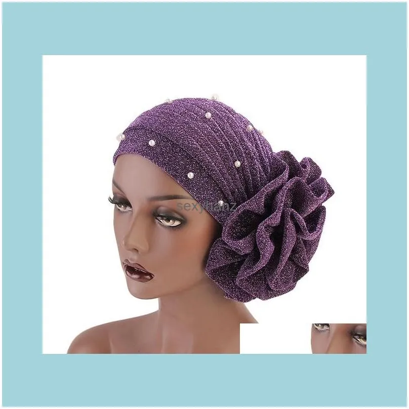 Fashion Women Hair Caps Muslim Beaded Glitter Turban India Cap Big Flower Headband Hair Lose Head Wraps Styling Accessories