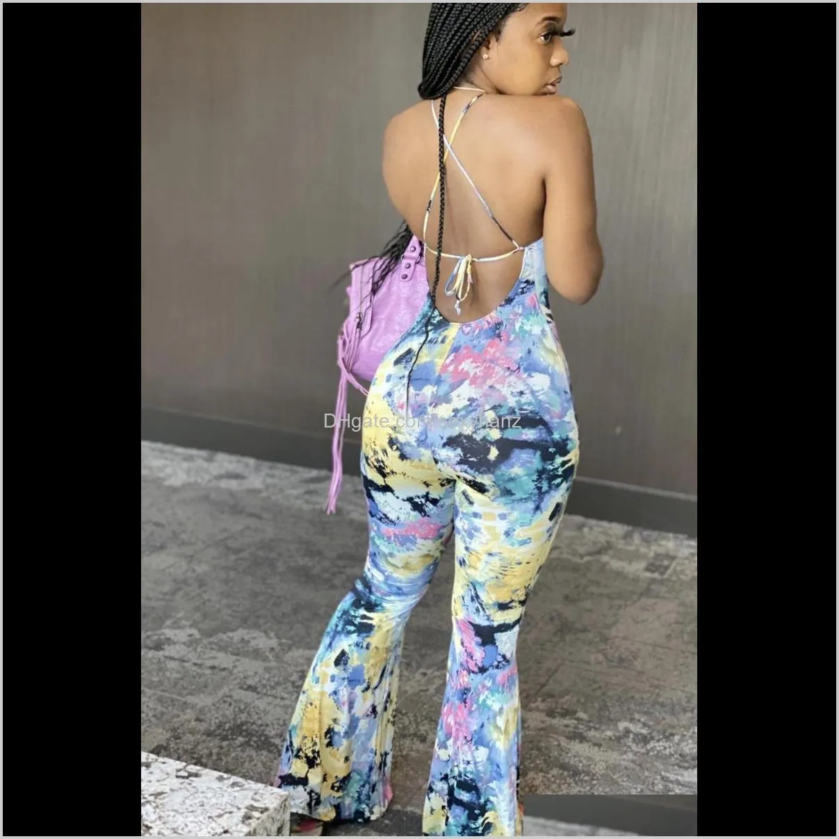women tie dye printed halter backless bodycon bell bottom jumpsuits sexy & club night out overalls
