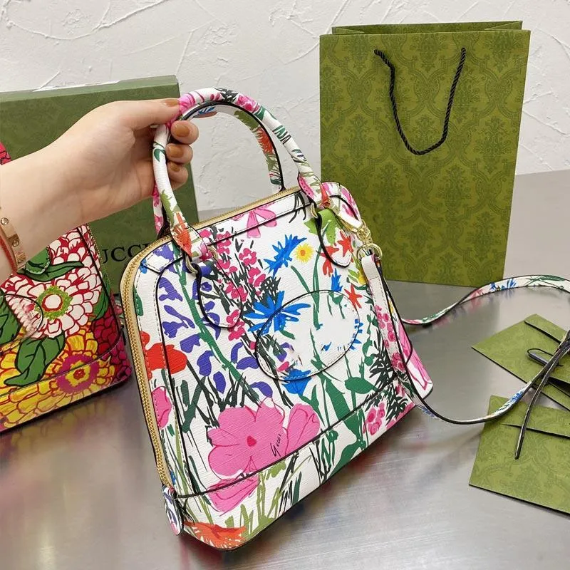 Shell Bag Handbag Lady Tote Fashion Letter Colorful Floral Plants Printing Shoulder Bags Detchable Strap Genuine Leather Silver Buckle Zipper Handbags