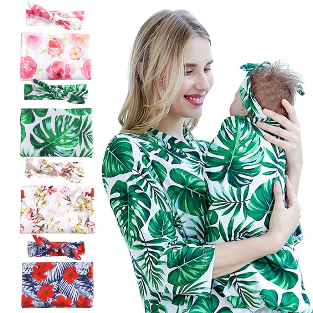 15738 Florals Print Baby Muslin Swaddle Wrap Blanket Wraps Blankets Nursery Sängkläder Towning Spädbarn Inslagna Tyg med DIY Headband