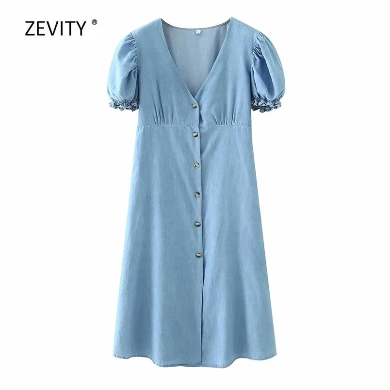 Kvinnor Vintage V Neck Puff Sleeve Denim Midi Klänning Kvinnlig Singel Breasted Split Vestido Chic Casual Slim Dresses DS3934 210420