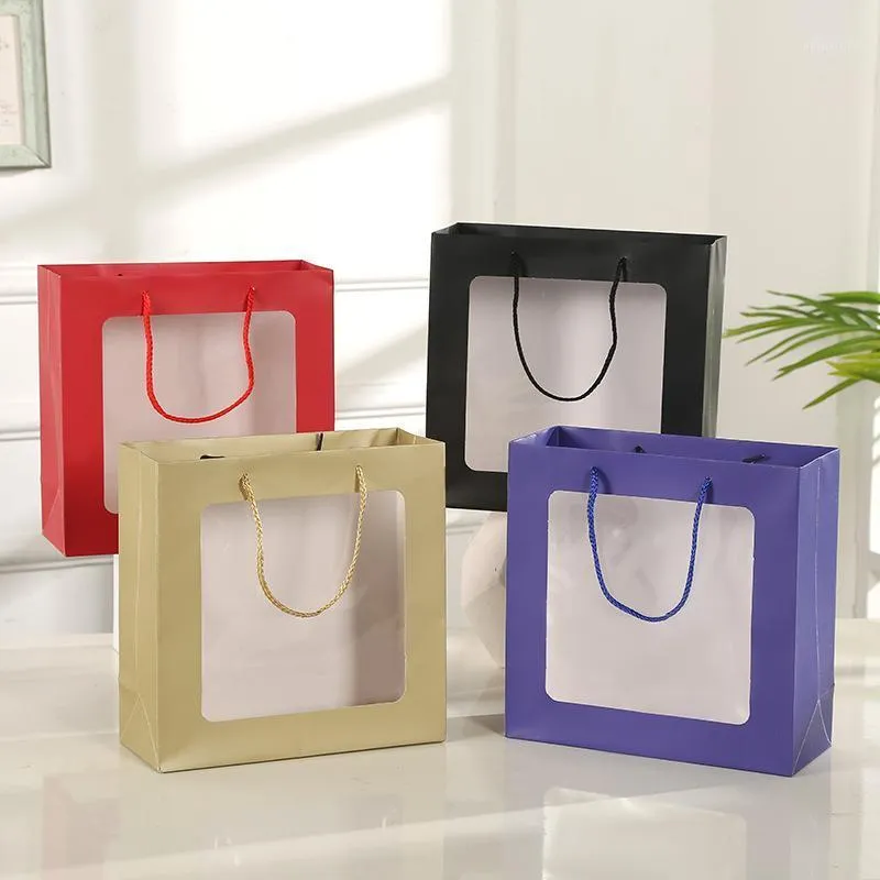 Gift Wrap Clear Window Bouquet Bag Large Paper With Handle Flower Shop Wrapping Box Wedding Birthday Party Favors 12pcs/lot