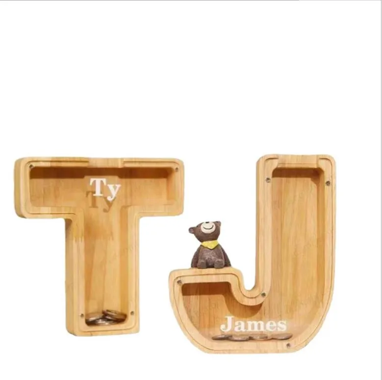 Letter-Shaped Piggy Bank Favor Wood Transparent Window Money Box Coin Storage Boxes Christmas Gift For Kid