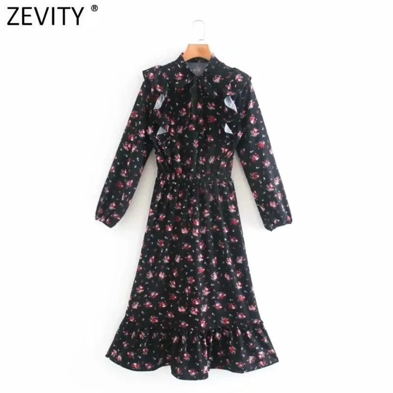 Women vintage bow collar ruffles flower print midi dress ladies elastic waist pleats casual vestido a line Dresses DS4291 210420