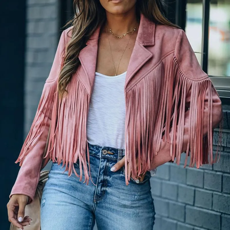 Faux Suede Jacket Women's Motorcycle Lapel Handsome Fall 2021 Ladies Solid Fringed Short Coat Women Jackets