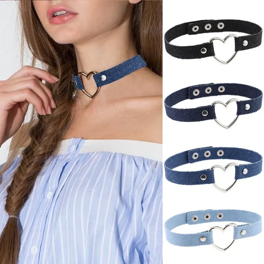 Will and Sandy Gothic Hollow Heart Denim Chokers Halskette Button Verstellbare Halsketten Kragen für Frauen Modeschmuck Will and Sandy