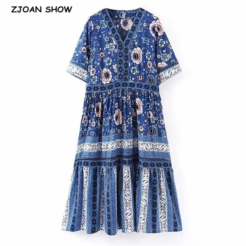 Bohemian Open Button Deep V neck Blue white Floral Print Dress Ethnic Woman Short Sleeve Maxi Long BOHO Dresses Beach Holiday 210429