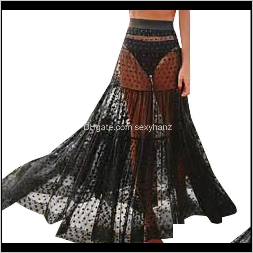 Kvinnor Kläder Apparel Drop Leverans 2021 Kvinnor Sommar Sexig Perspektiv Lace Gothic Dot High Waist Bohemian Kjol Fashion Beach Style Long s