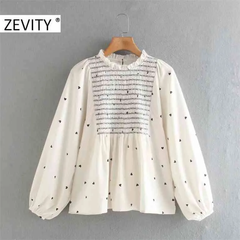 Dames Sweet Agaric Lace Hearts Print Elastische Smock Blouse Kantoor Dames Lantaarn Mouw Shirts ChiCh Blusas Tops LS7272 210420