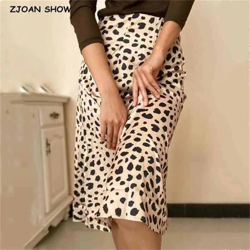 Retro hög midja leopard print satin kjol som silke sommar kvinnor elastiska mitten långa a-line kjolar femme 210621