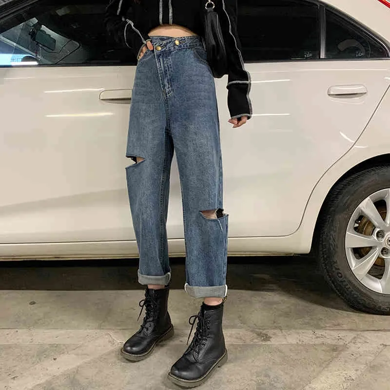 S-XL donna pantaloni jeans dritti larghi jeans in denim strappati stile bf pantaloni in denim a vita alta streetwear femminile (78615 210423