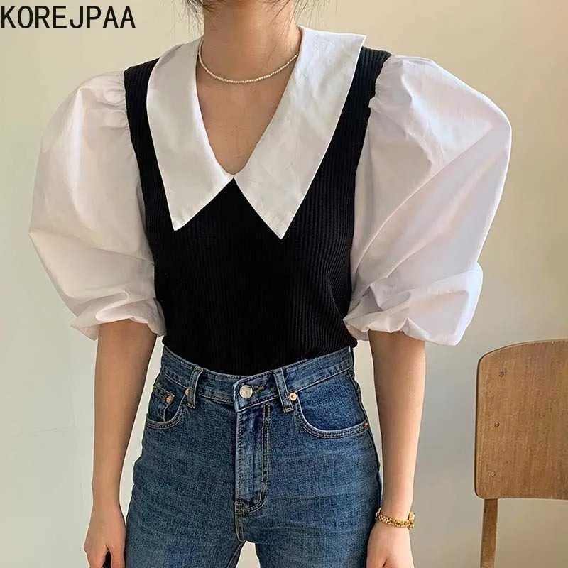 Korejpaa femmes chemise été coréen Chic dames Simple tempérament revers couleur couture manches bouffantes faux deux pièces Blouses 210526