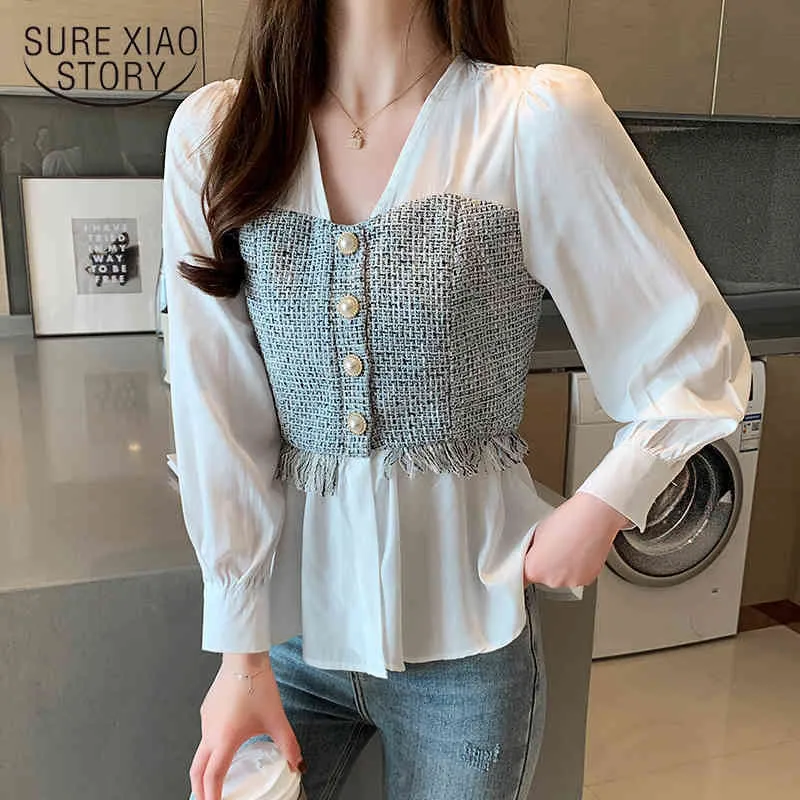 Cardigan Women Spliced Chiffon Blouse Long Sleeve Fashion Office Lady Tops Korean Style V-neck Feminina Shirt 8110 50 210417