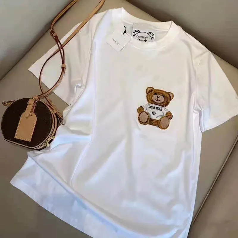 Womens Tops Tees Summer new T-shirt flocking three-dimensional cartoon bear letter embroidery loose short sleeves for men and women