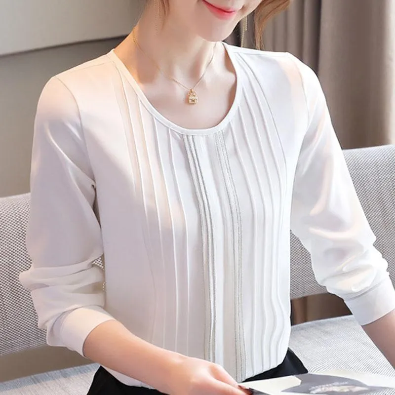 Sonbahar Uzun Kollu Beyaz Bluz Tops Kadın Blusas Mujer De Moda 2021 O-Boyun Şifon Gömlek Bluzlar Blusa D628 kadın Gömlek