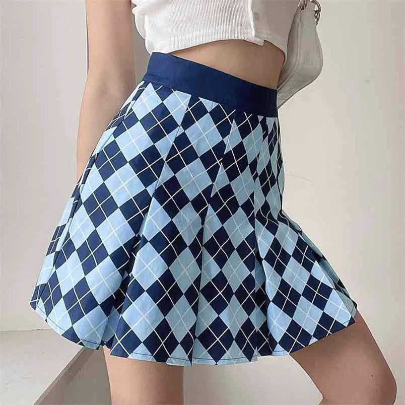 Argyle Printed Y2k Mini Skirt For Women Kawaii Summer Vintage Plaid Korean Fashion High-Waisted Short Pleated Skirts Saias 210510