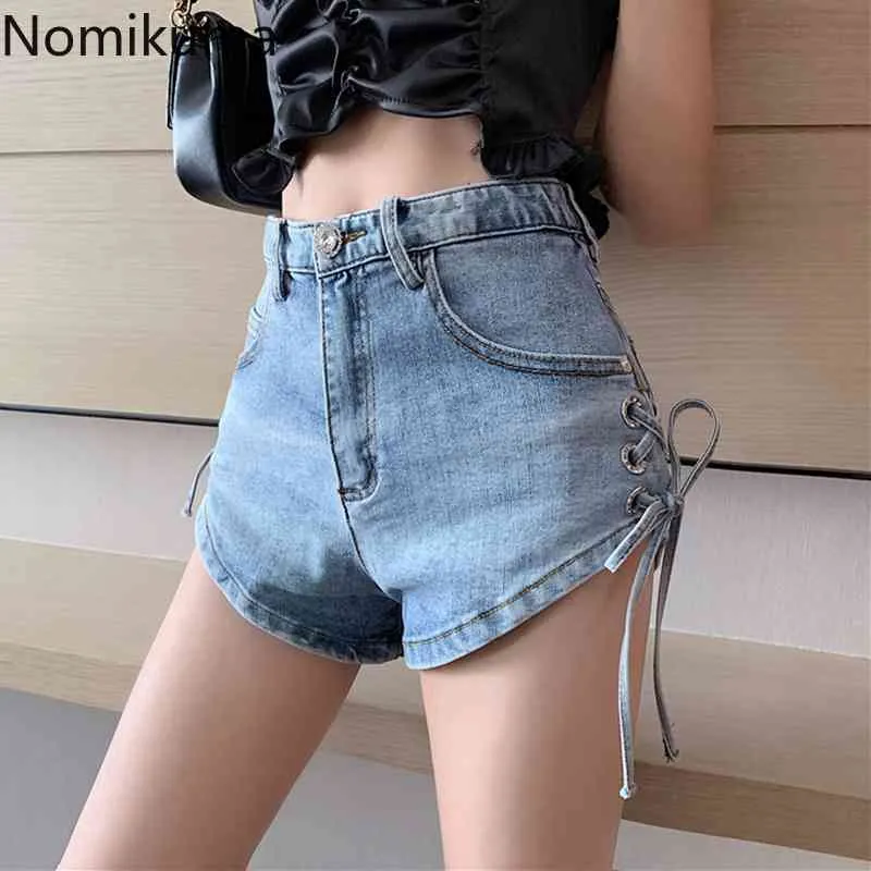 Nomikuma Denim Shorts Koreanische Bandage Sexy Split Frauen Jeans Böden Sommer Neue Hohe Taille Kurze Feminimos 6G954 210427