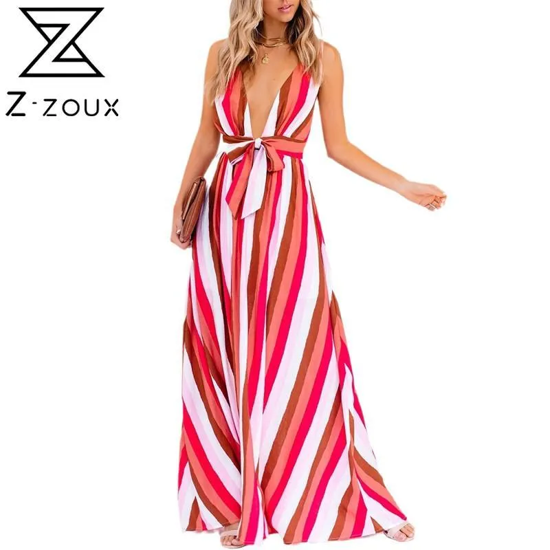 Women Dress Patchwork Striped Bohemia es Sexy Backless Deep V Neck Maxi es Loose Casual Plus Size Beach 210524