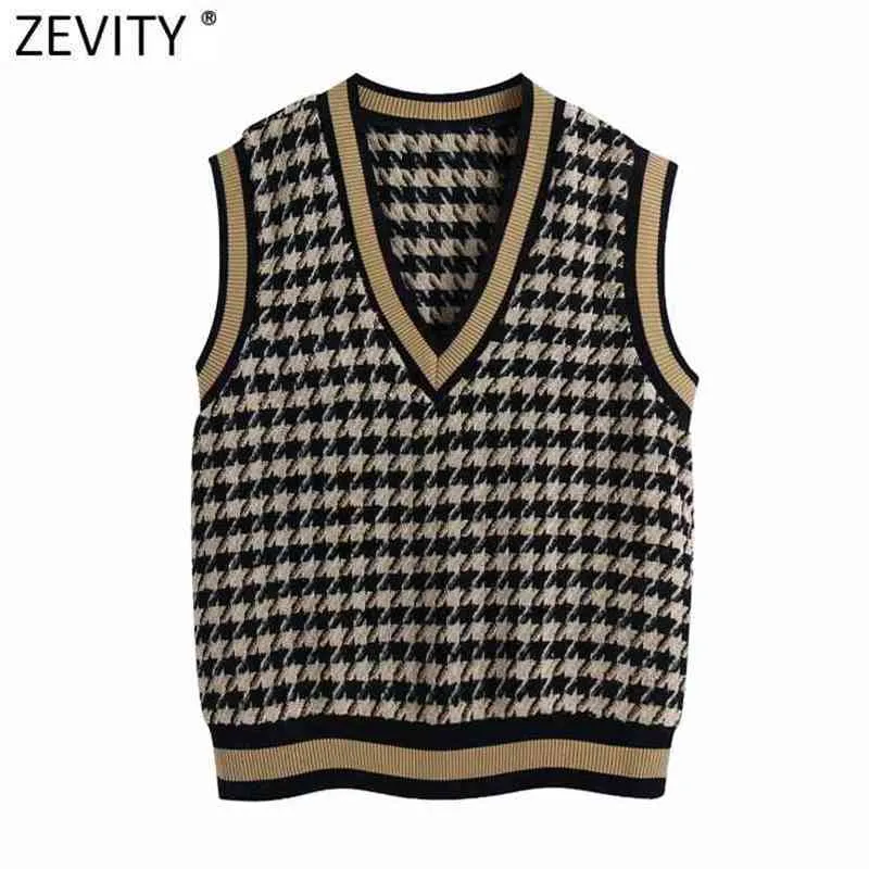 Kobiety Vintage V Neck Houndstooth Klatka dziewiarska Kamizelka Sweter Kobieta Bez Rękawów Casual Casual Swetry Waistcoat Topy SW695 210420