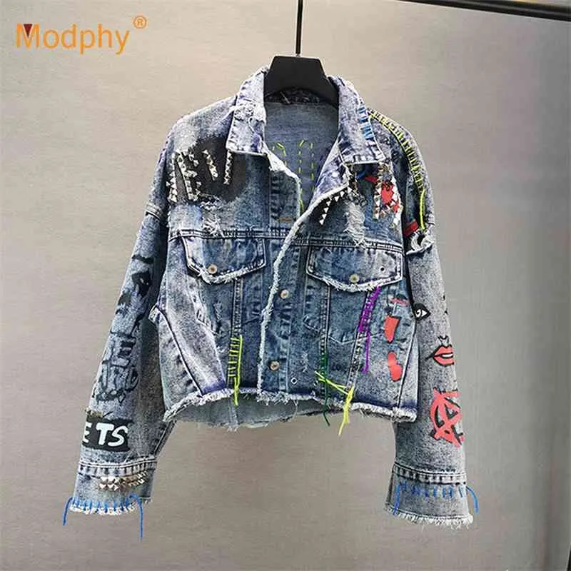 Denim Jacke Weibliche Blaue Niete Graffiti Printi Mantel Einreiher Frauen Jeans Mode Kleidung 210527