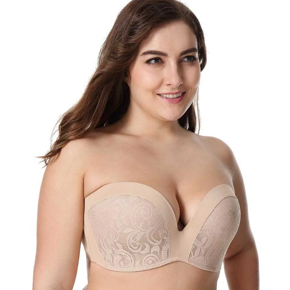 Soutien-gorge sans bretelles en dentelle push-up légèrement rembourré pour femme 210623