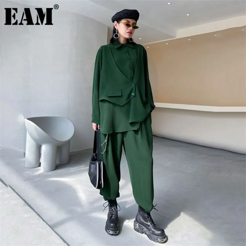 [EAM] Wide Pen Broek Onregelmatige Big Size Tweedelige Pak Revers Lange Mouw Losse Fit Dames Mode Lente Herfst 1Z605 210925