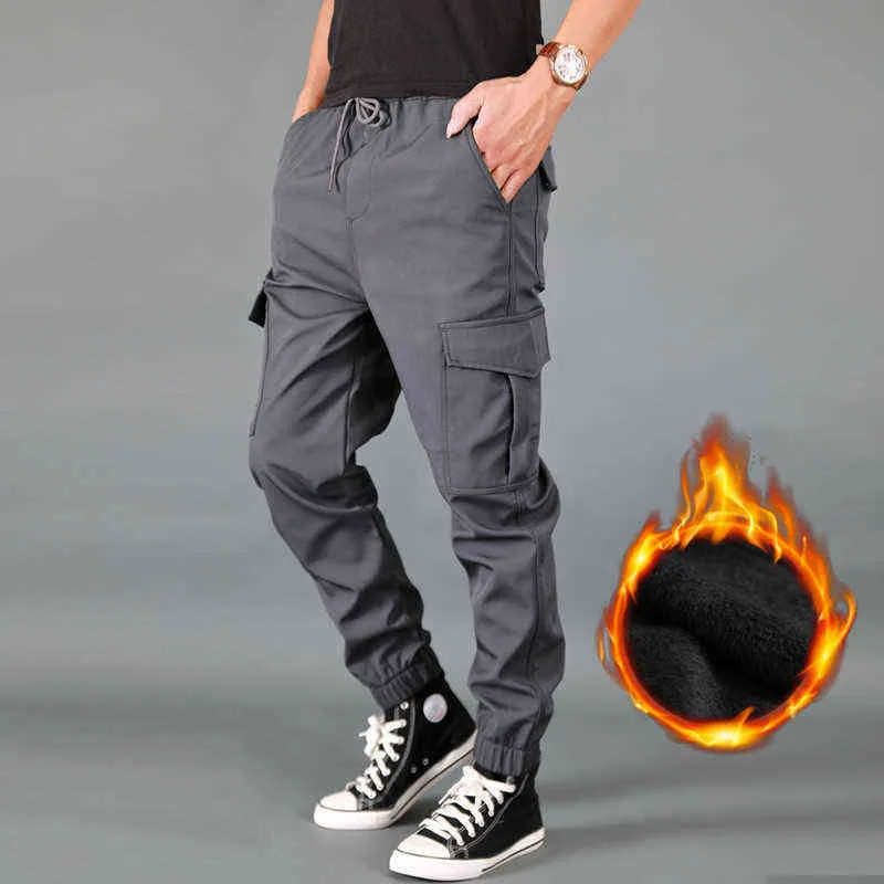 Warm Fleece Jogging Winter Cargo Pants MenThick Waterproof Work Casual Pant Man Military Tactical Black Trousers For Men H1223