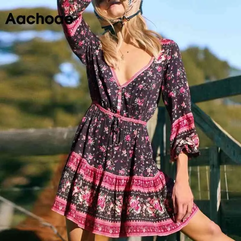 Floral Print Beach Mini V Neck Casual Boho Sukienka Z Długim Rękawem Fashion Lady Plised Sukienki Vestido de Mujer 210413