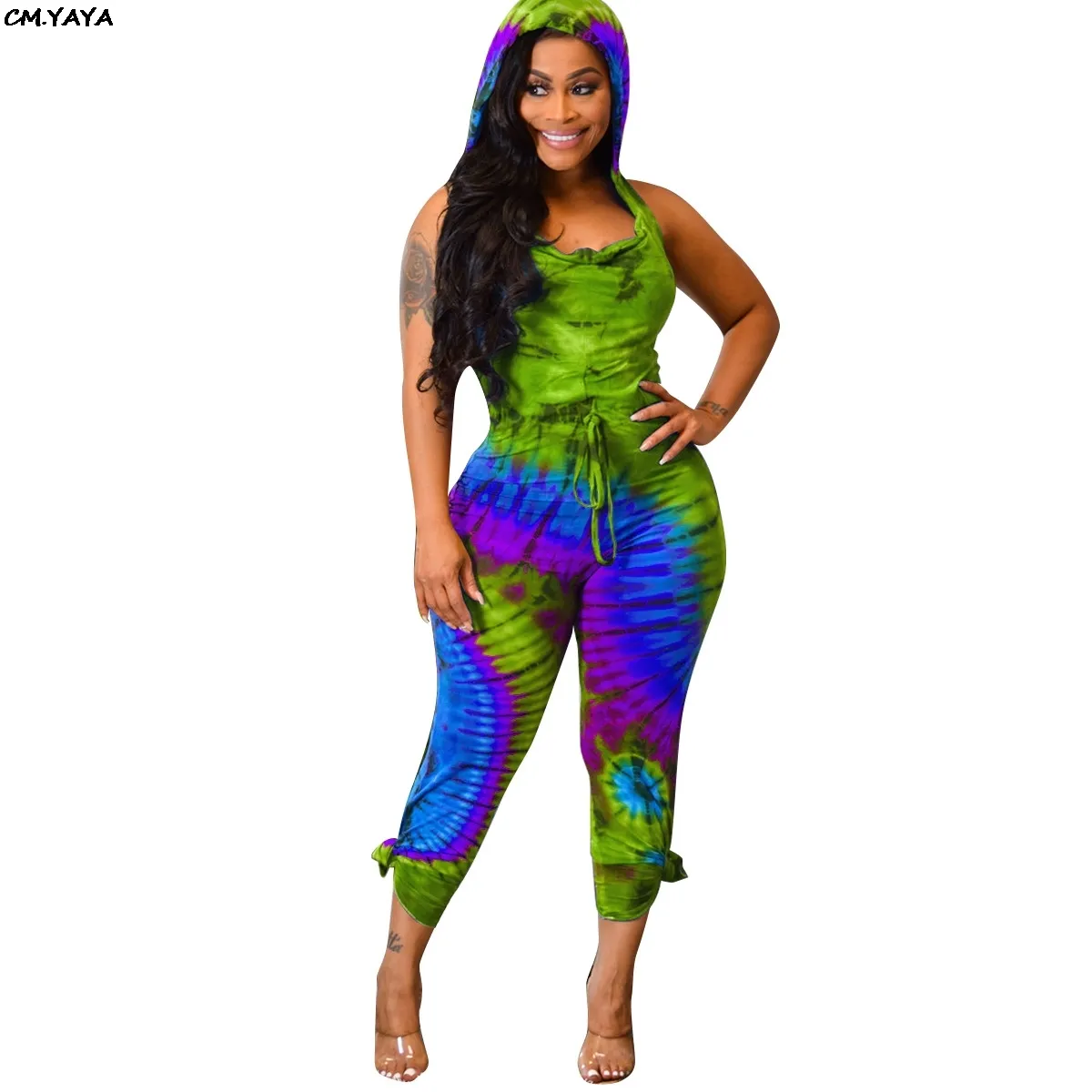 2019 new women summer bohemian black hole tie dye print hooded cut out back jumpsuit sexy romper playsuit 5 color GLALS118 X0428