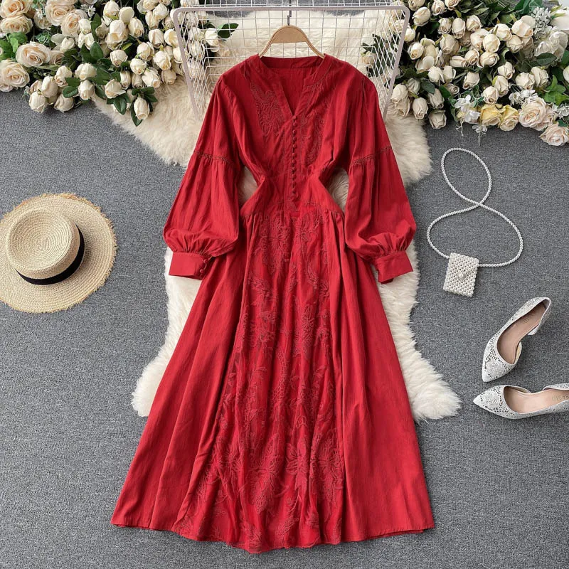 SINGREINY Women Design Embroidery Dress Elegant Retro Puff Sleeve V Neck A-line Dress Spring Fashion Casual Vacation Long Dress 210419