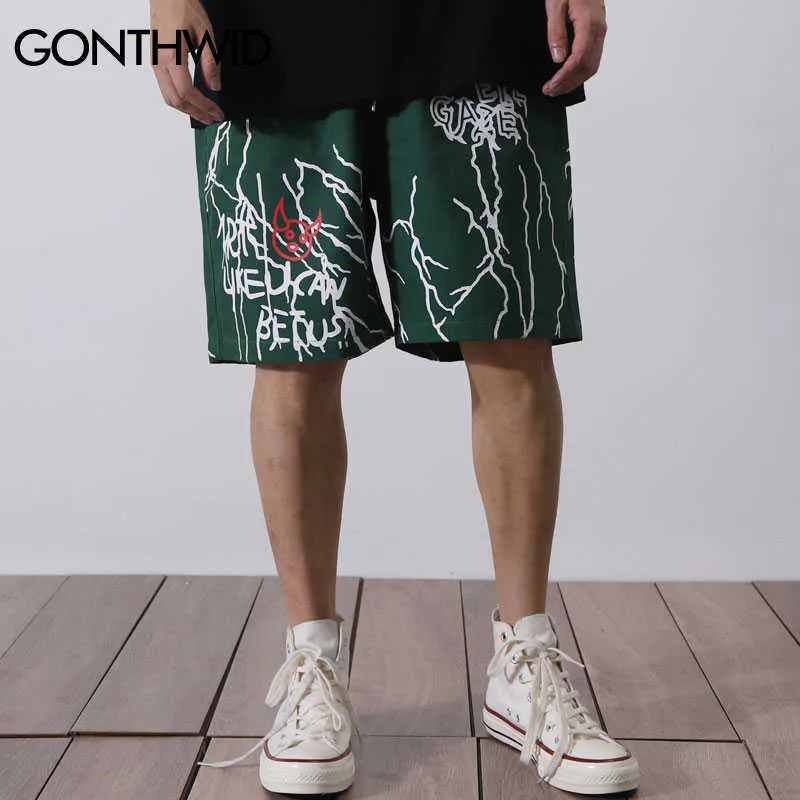 GONTHWID Harajuku Graffiti Print Shorts Hip Hop Casual Baggy Taschen Kurze Hosen Streetwear Männer Sommer Mode Hosen 210714