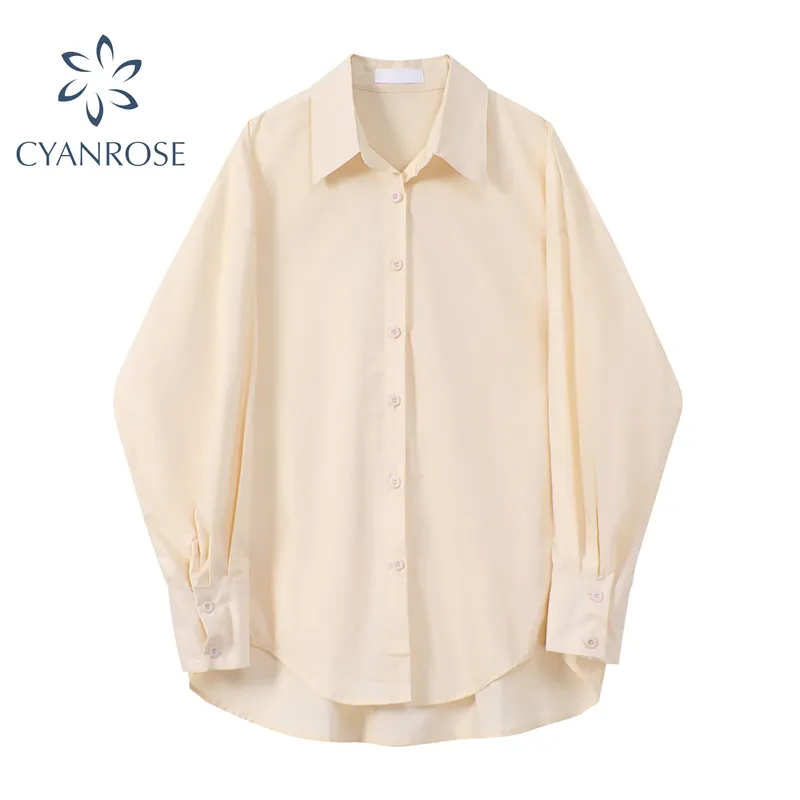 Summer Button Up Cotton Long-Sleeve Womens Shirt Casual Solid Color Blouse Fashion Asymmertrical Loose Office Lady Shirts 210417