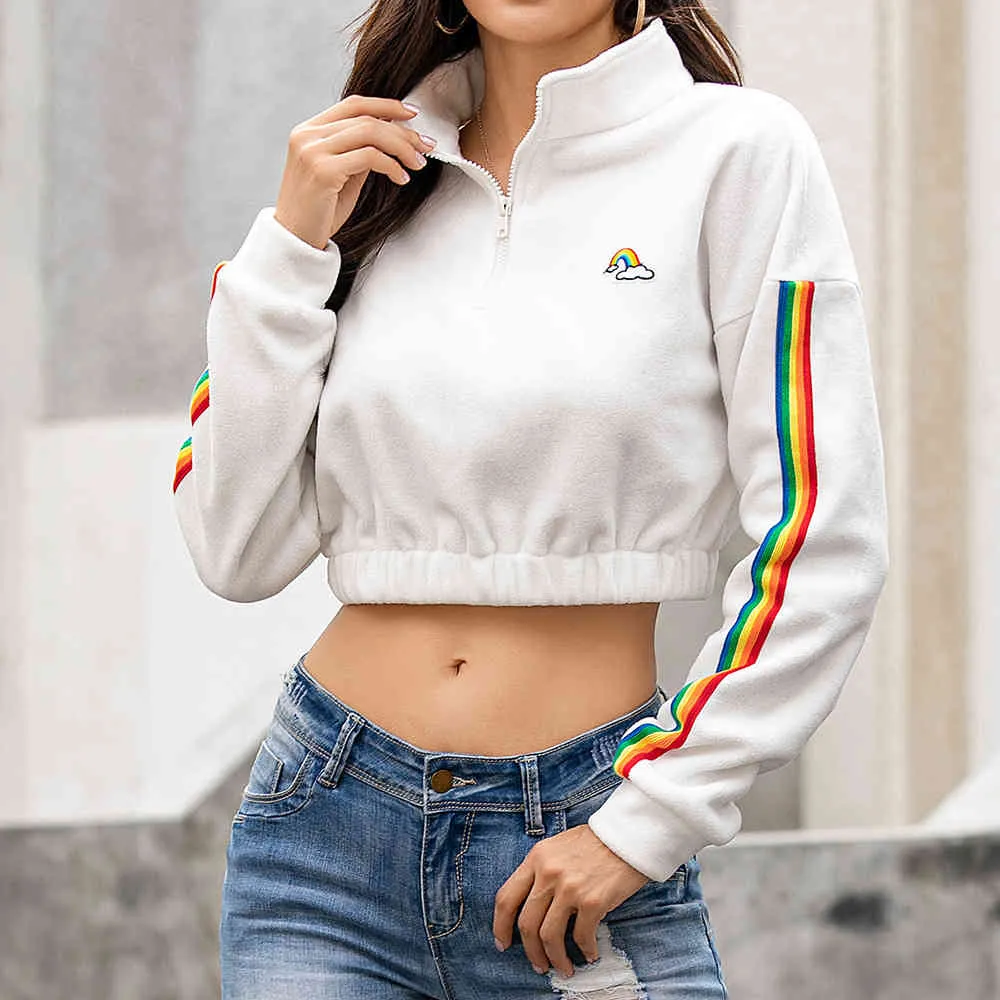 Women Short Hoodies Casual Fleece Lapel Zipper Color Stripe Patchwork Long Sleeve Sweatshirt Autumn Winter Female Warm Crop Tops 210507