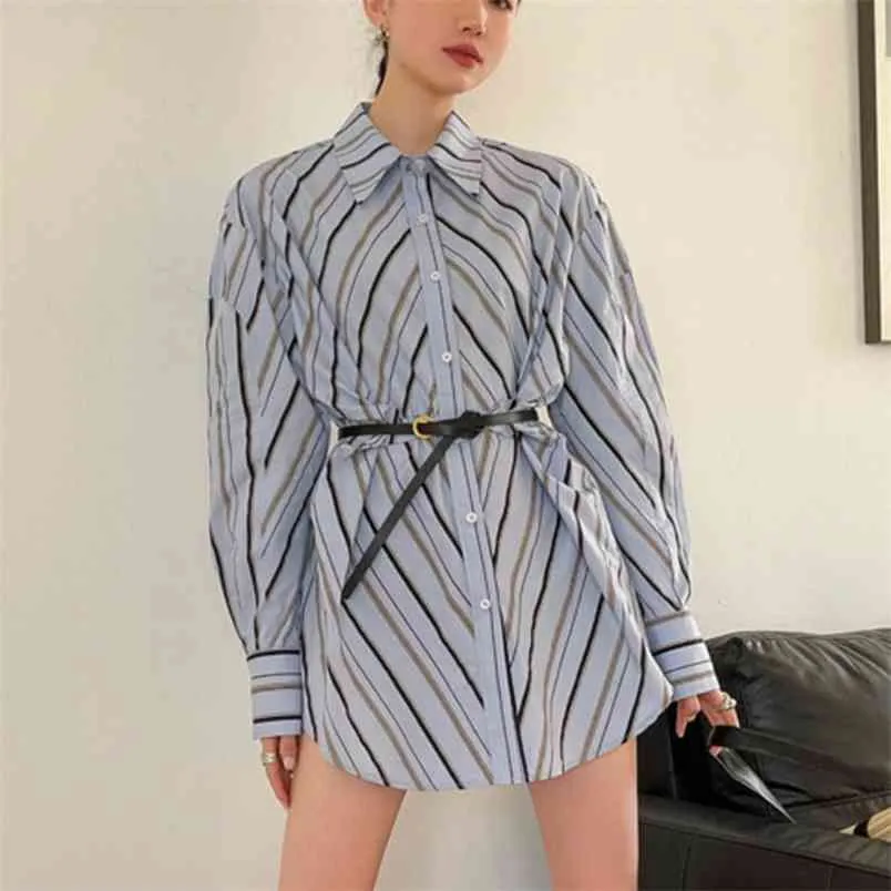 Streetwear verano mujeres elegante moda rayas con blusa de cinturón femme elegante elegante manga larga camisa camiseta tops Blusas coreanos 210514