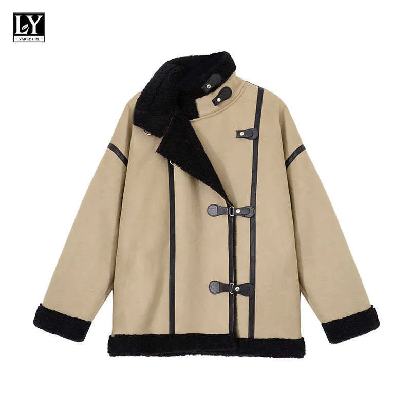 Ly Varey Lin Winter Women Single Breasted Turn-down Collar Lamb Casual Spliced ​​Patchwork Jacket Faux Fur Coffee Coat 210526