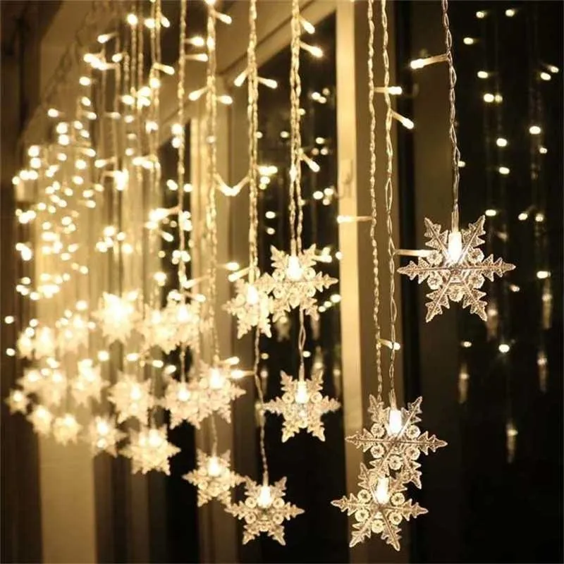 Led Snowflake Garland Light Up Curtain Fairy 2022 år Juldekorationer för hemlandsrum 231104