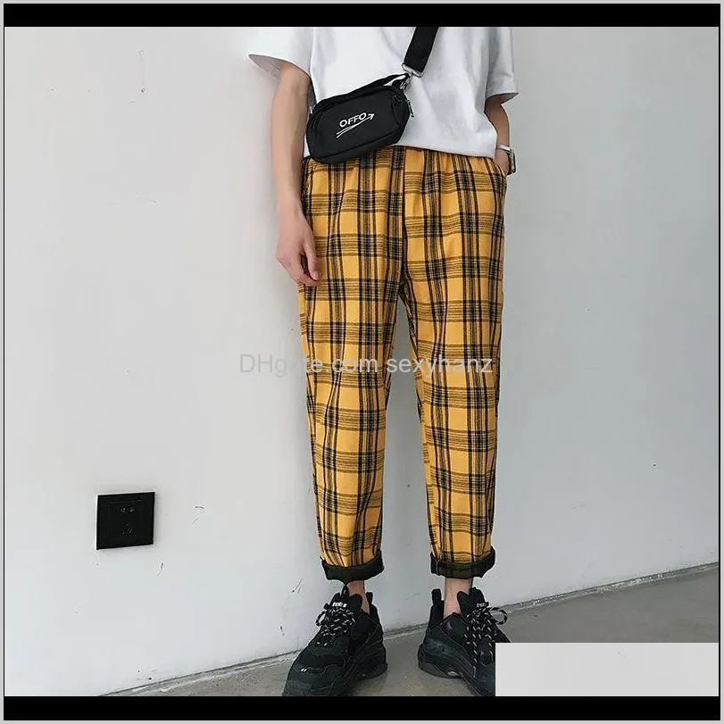 streetwear yellow plaid pants men joggers casual straight harem pants men korean hip hop track pants plus size