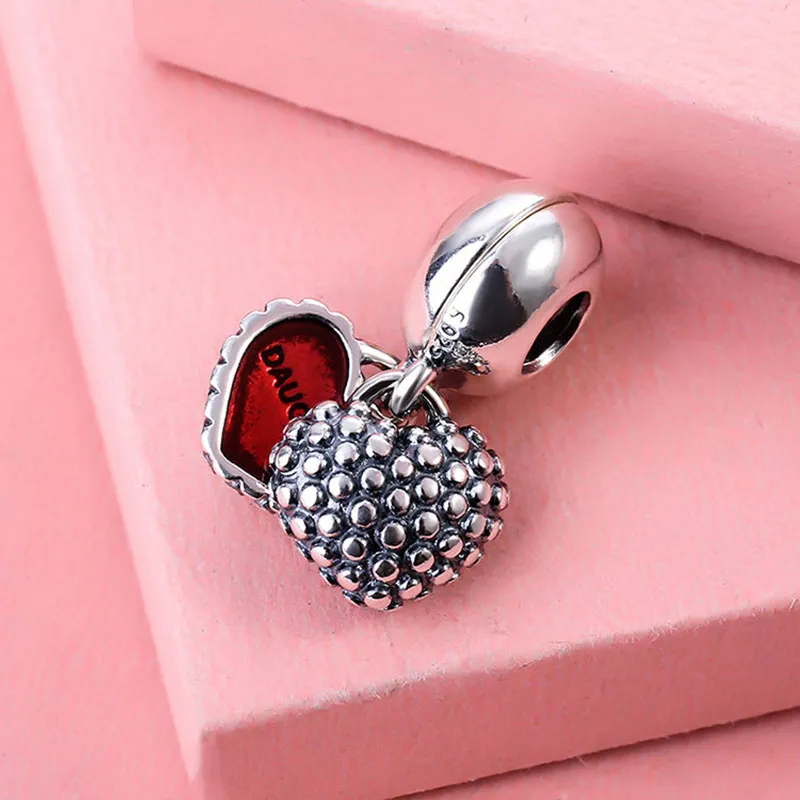 925 Sterling Silver Heart Mom Daughter Charm for Pandora Bracelet Red Enamel