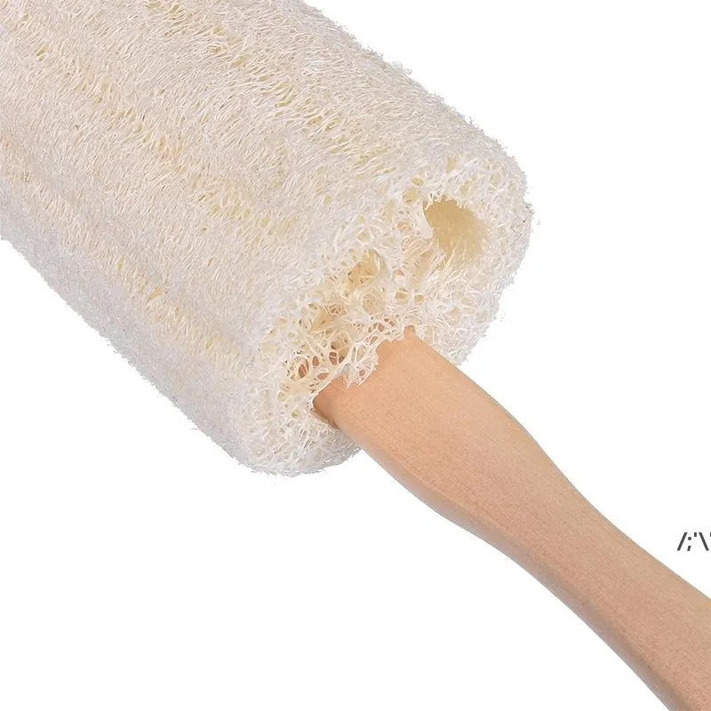 Naturlig loofah badborste med långt trähandtag Exfoliating torr huddusch Body scrubber spa massager lla10589