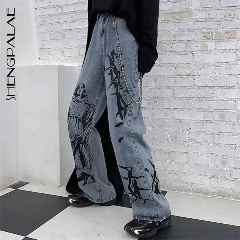 Shengpalae Yaz Moda Ins Sokak Hip-Hop Baskı Yıkama Kot Gevşek Rahat Denim Geniş Bacak Pantolon Kadın ZA4395 210922