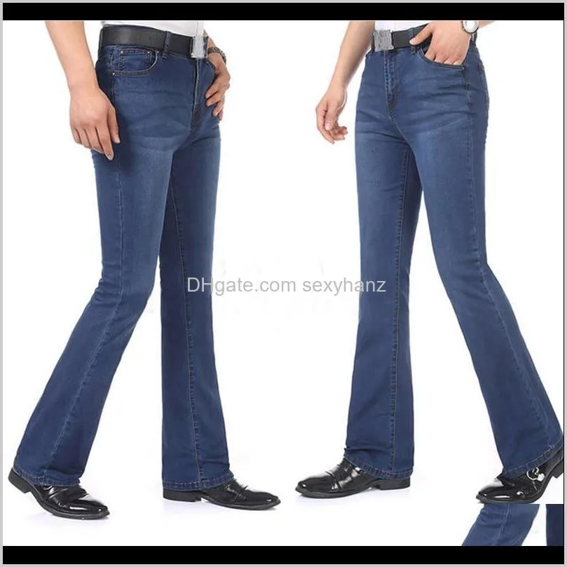 fashion spring casual mens business blue mid waist slim fit boot cut semi-flared flare leg denim pants plus size 26-35