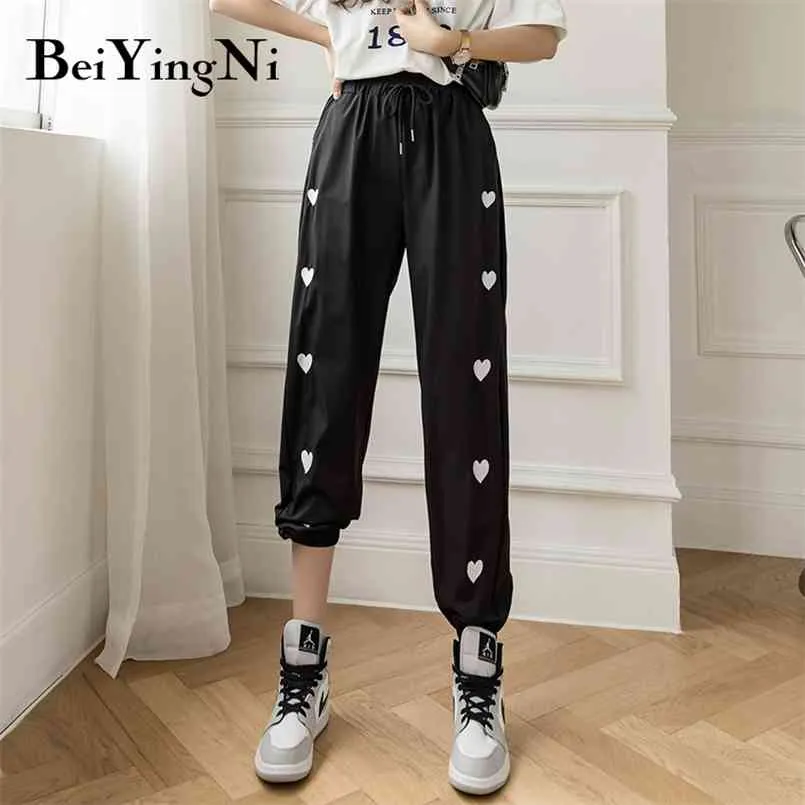 Pants Female Casual Heart Embroidery Cute Ice Silk High Waist Harem Women White Black Purple Summer Trousers 210506