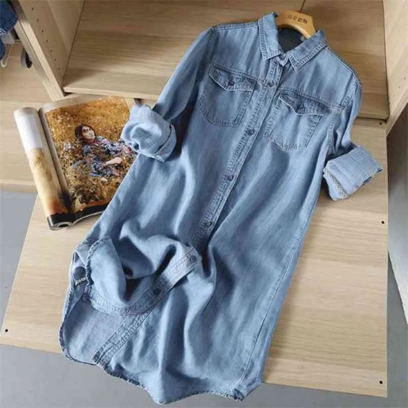 Spring Fashion Women Long Sleeve Turn-down Collar Denim Shirts Double Pocket Loose Casual Blouses Femme Tops V30 210512