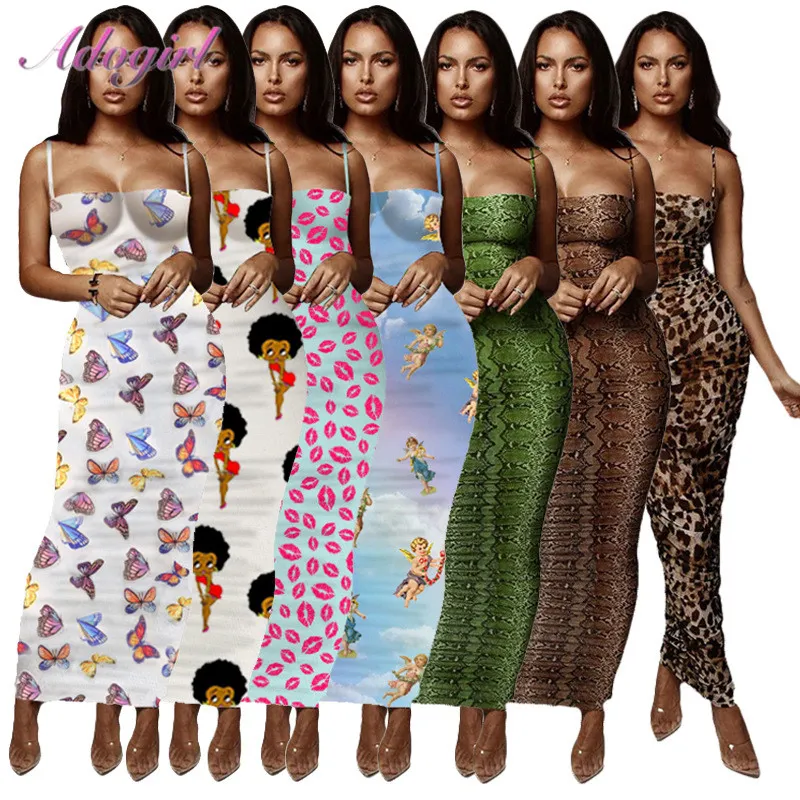 Casual Leopard Snake Angel Print Spaghett Strapless Street Street Dress Long Sexy Backless V Neck Sera Party Maxi Abiti