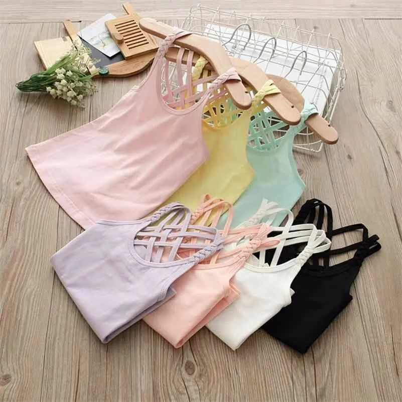 Summer 2 3 4 5 6 7 8 10 Years Children Clothing All Match Baby Beach Vest Candy Color Sexy Strapless T-Shirt For Kids Girls 210701