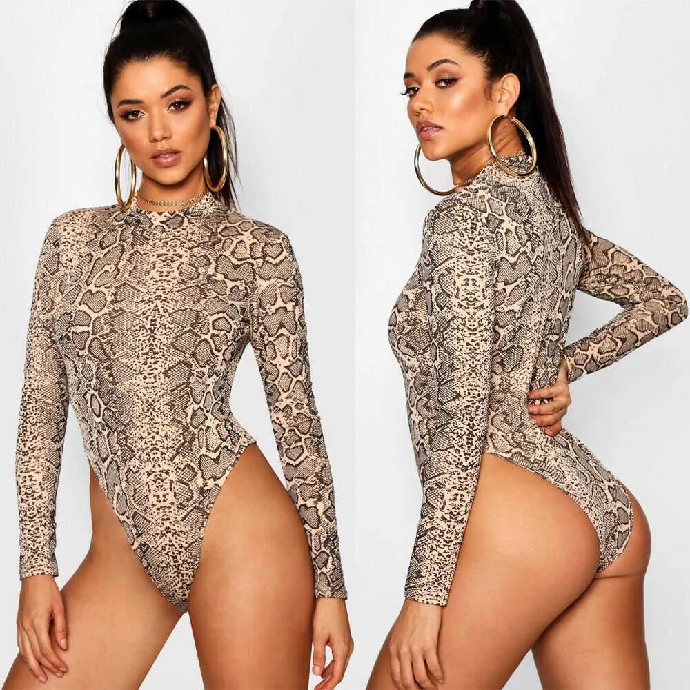 Vrouwen Sexy Snake Print Lange Mouw Zomer Romper Top Clubwear Party Jumpsuit Bodysuit Wit Bruin Groen Y0927