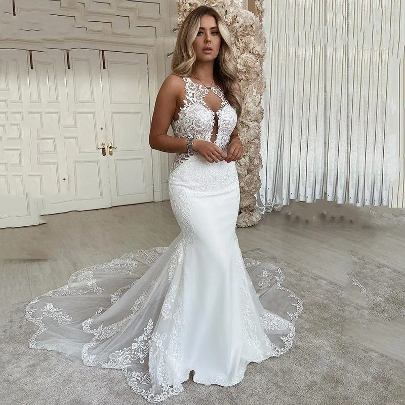 2022 Modern Lace Sereia Vestido De Noiva De Longa Cauda Sexy Keyhole Sexy  Keyhole Boho Praia Vestidos Nupciais Apliques Jóias Pescoço Sem Mangas  Noiva Vestidos Branco Marfim De Sexybride, $808,56