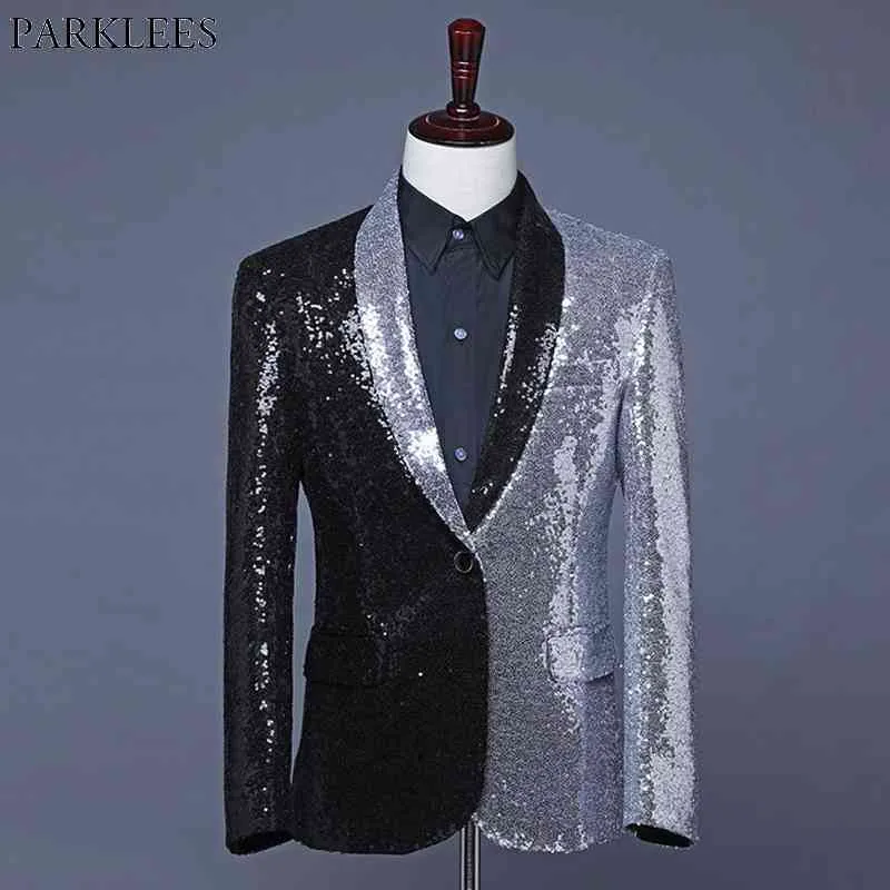 Mens Silver Black Contrast Shiny Sequins Blazer Jacket Stylish Shawl Collar 1 Button Nightclub Stage Prom Blazer Masculino 210522