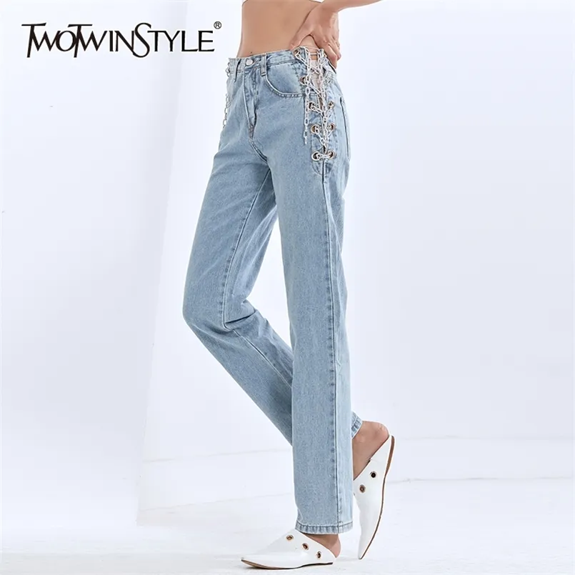 Łańcuch dżinsy dla kobiet Wysoka talia Hollow Out Straight Vintage Casual Blue Denim Spodnie Kobieta Moda Odzież 210521