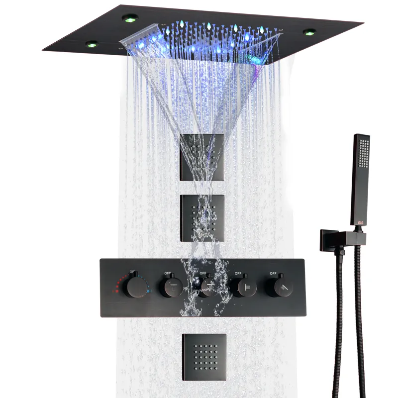 DULABRAHE Oil Rubbed Bronze Thermostatic Rain Shower Faucet System 14 X 20 Inch LED Waterfall Rainfall Bathroom Head